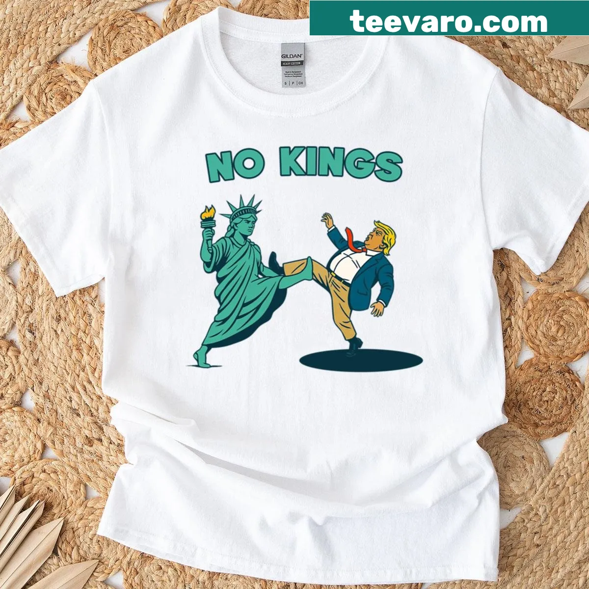 Bold typographic T-shirt with 'No Kings In America' text — on a men's t-shirt