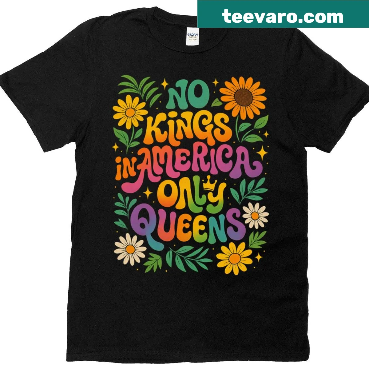 No Kings Only Queens t-shirt promoting LGBTQ+ pride. — on a men's t-shirt
