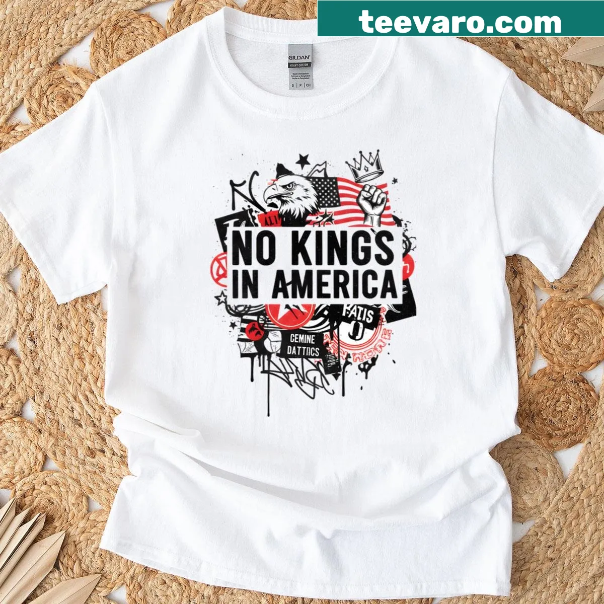 Protest collage art with 'No Kings In America' text on a T-shirt — on a men's t-shirt
