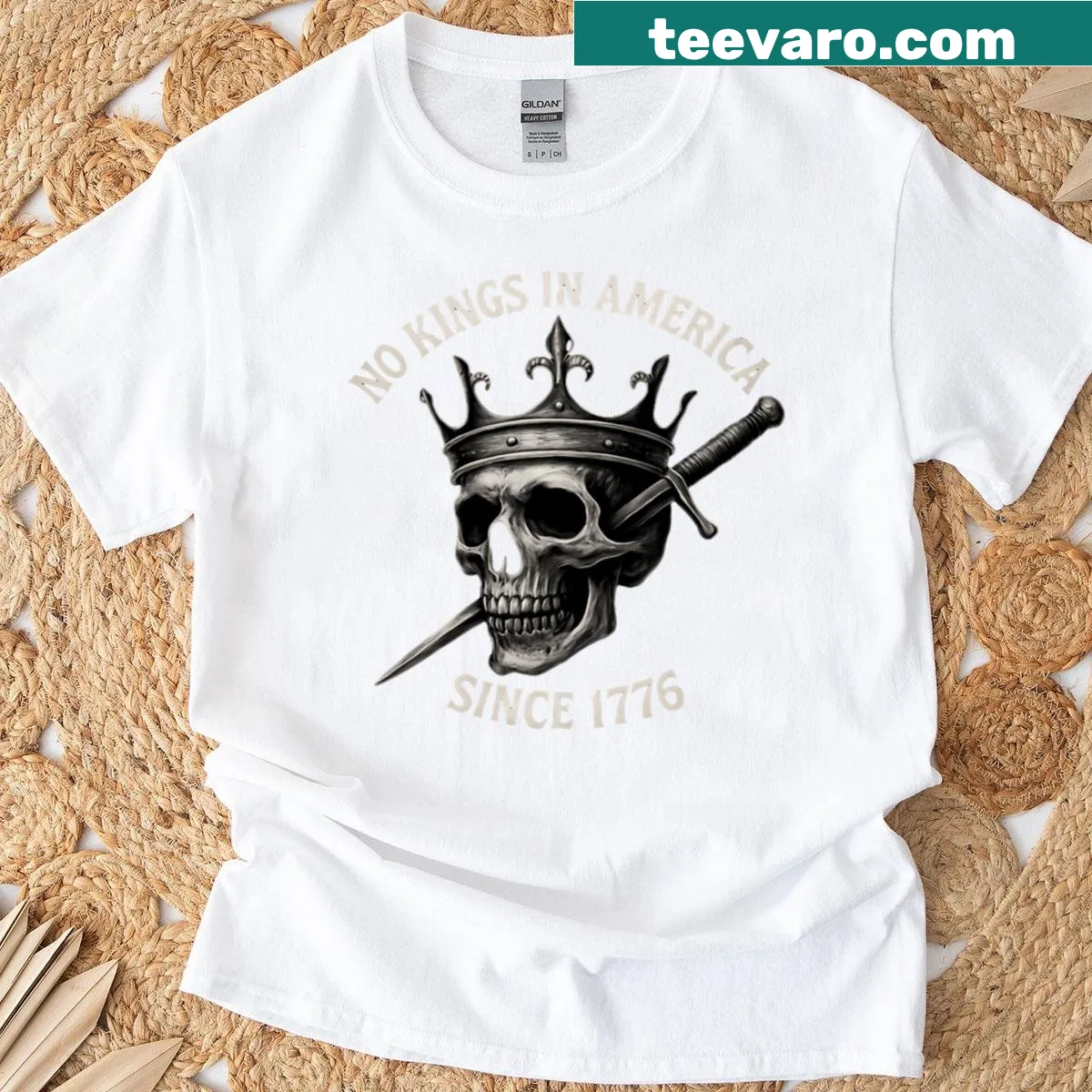 Anti-monarchy shirt stating No Kings In America Since 1776 — on a men's t-shirt