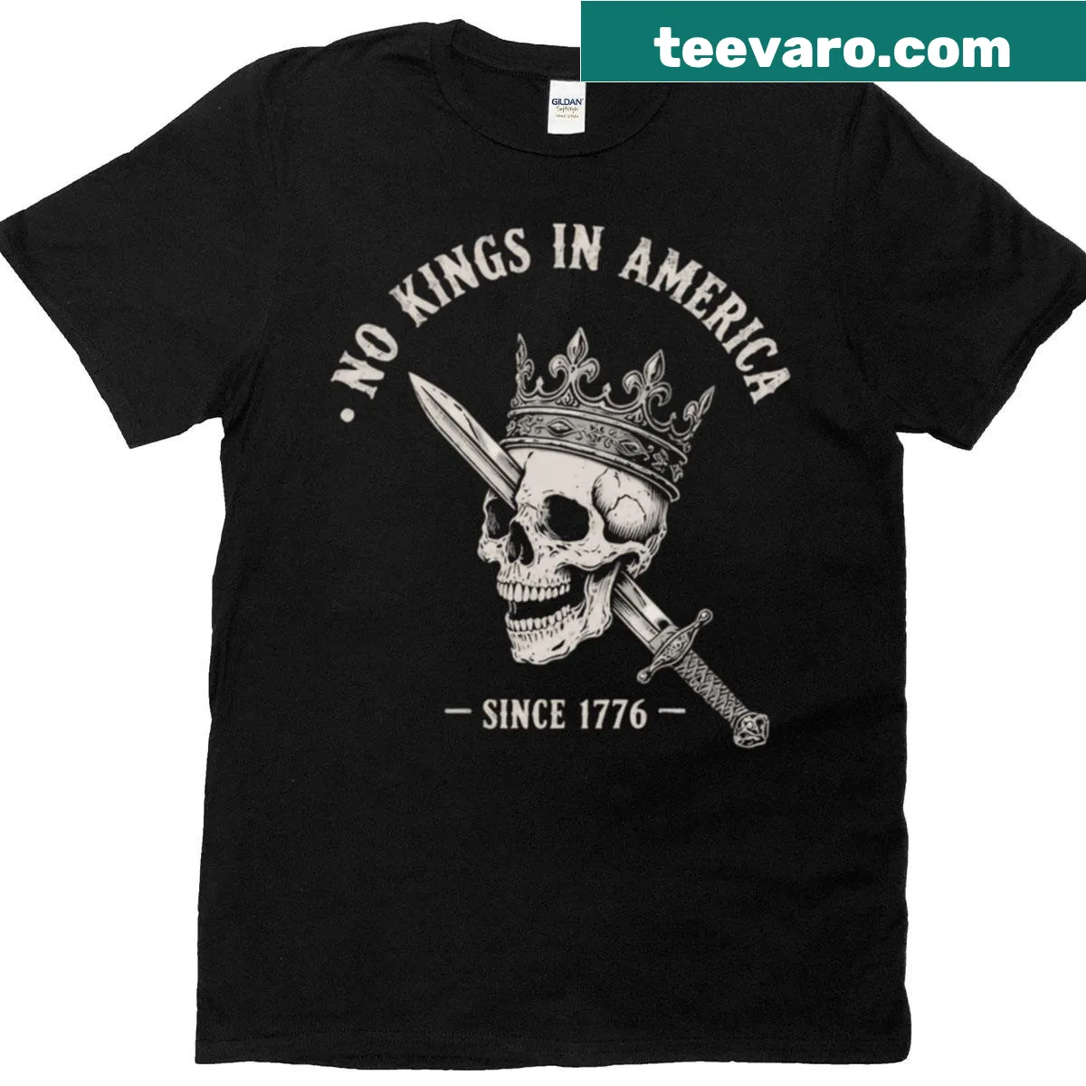 No Kings In America Since 1776 t-shirt with bold text. — on a men's t-shirt