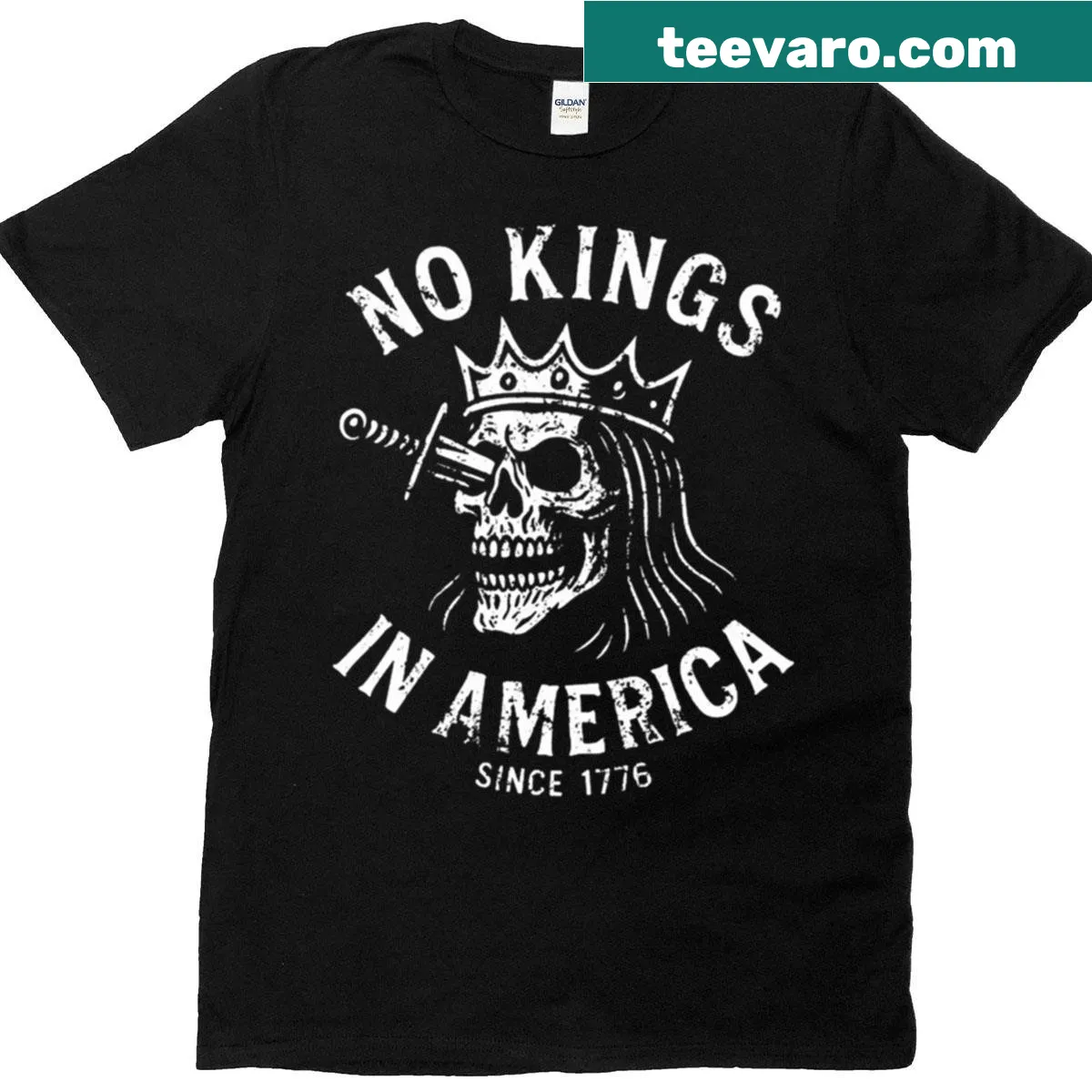 Skull graphic on No Kings In America t-shirt. — on a men's t-shirt