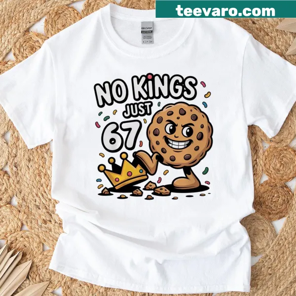 Playful T-shirt featuring cookie graphics and 'No Kings Just 67 Cookies' text