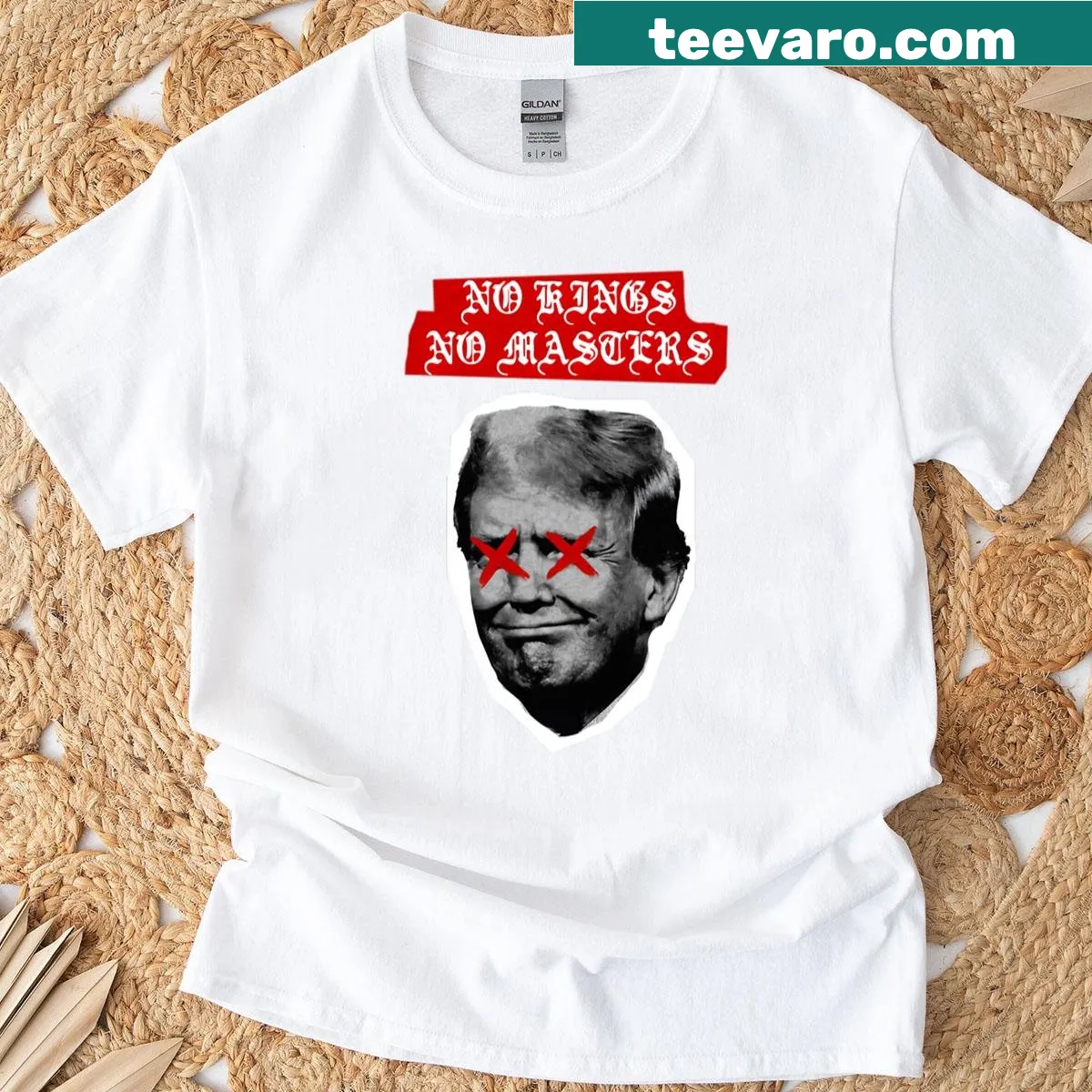 Bold typographic T-shirt stating 'No Kings In America No Kings No Masters' — on a men's t-shirt