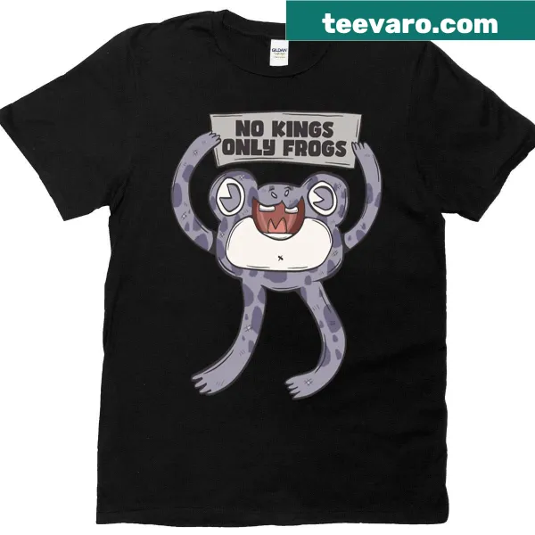 Playful frog art on No Kings Only Frogs t-shirt.