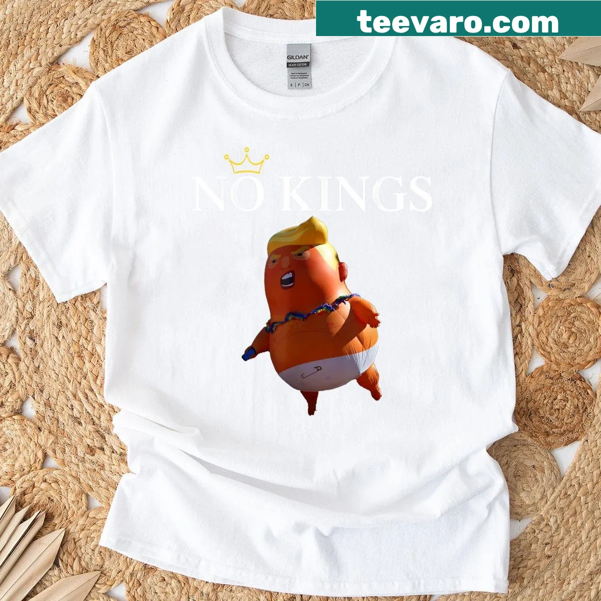 Humorous No Kings Not King graphic with US flag on T-shirt — on a men's t-shirt