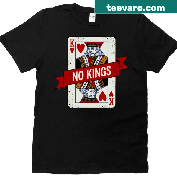 Playing card-themed t-shirt with 'No Kings' political statement