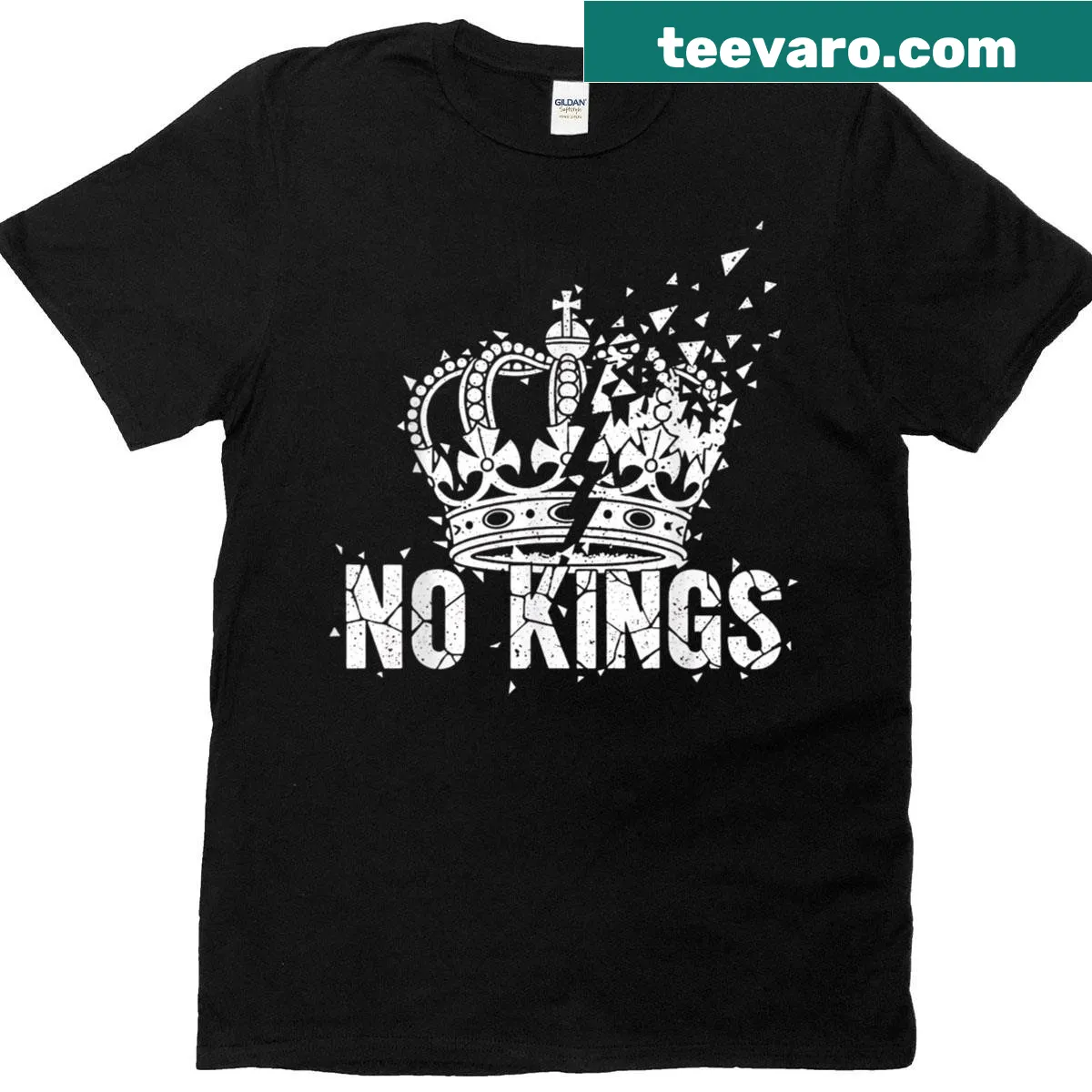 Distressed punk rock t-shirt with a shattered crown and anti-monarchy design — on a men's t-shirt