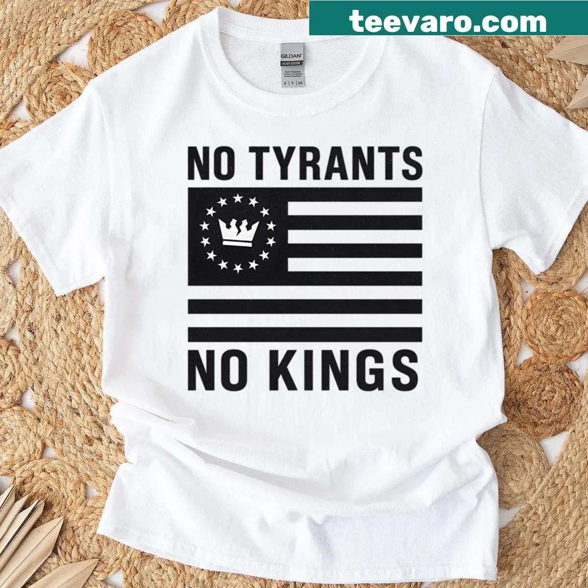 Protest-themed shirt with 'No Tyrants No Kings' slogan — on a men's t-shirt