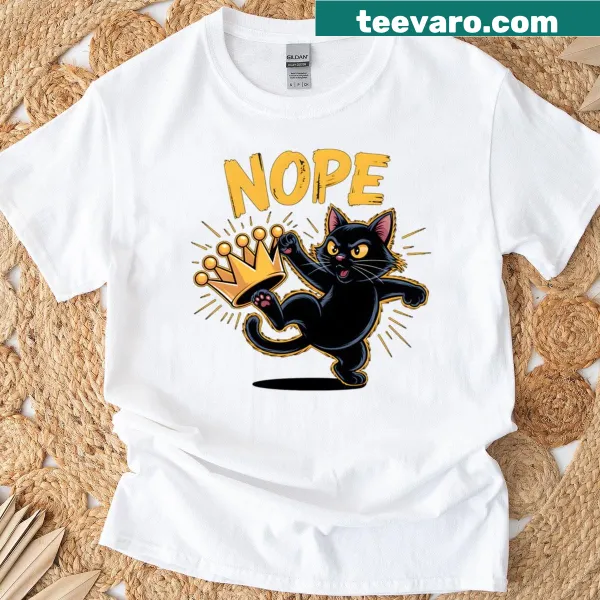 Humorous black cat graphic with the word Nope on a t-shirt