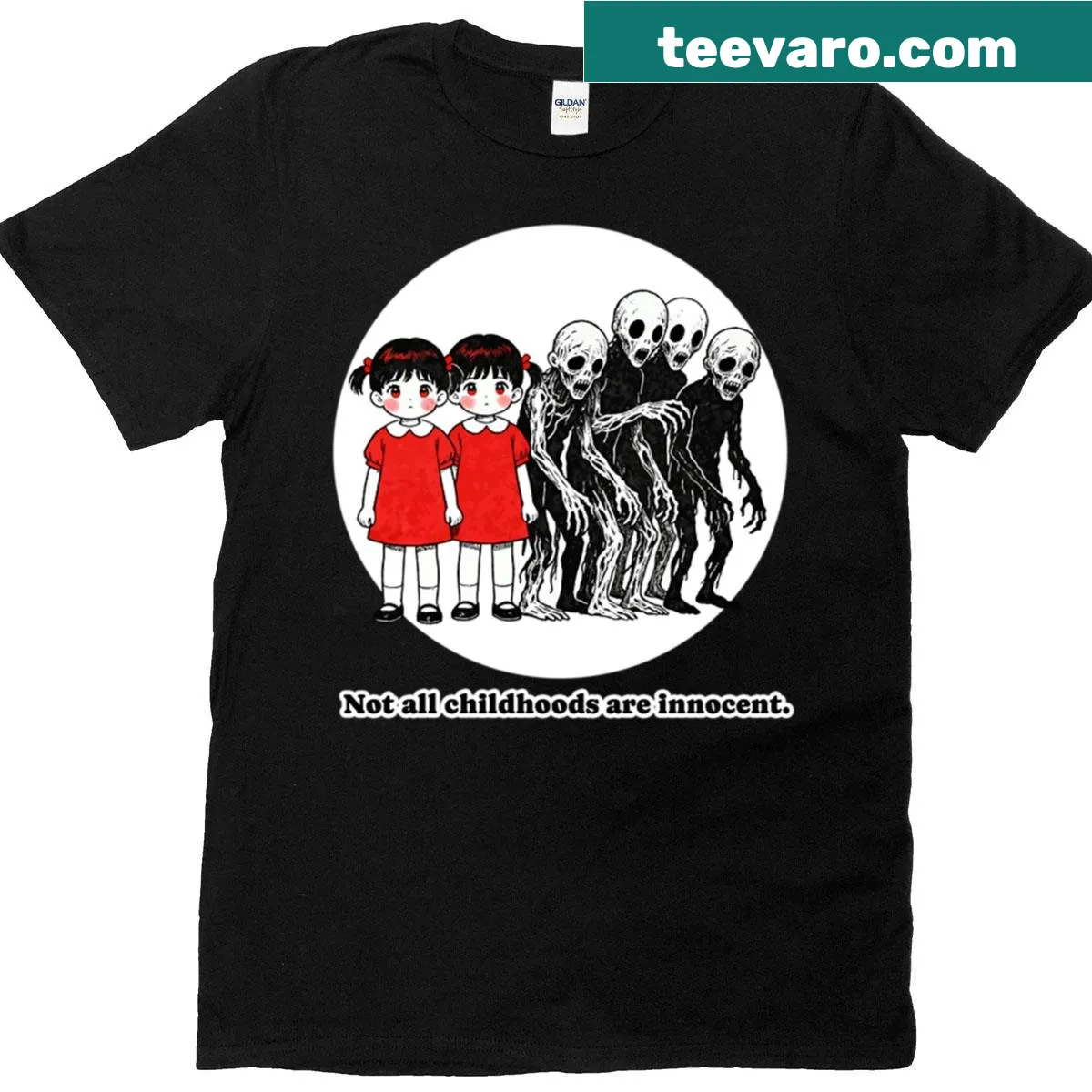 Not All Childhoods Are Innocent t-shirt with thought-provoking text — on a men's t-shirt