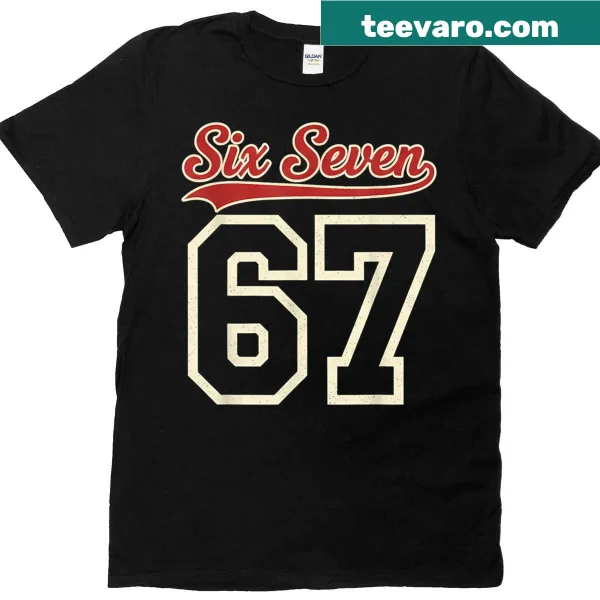 Vintage-style baseball jersey t-shirt with number 67