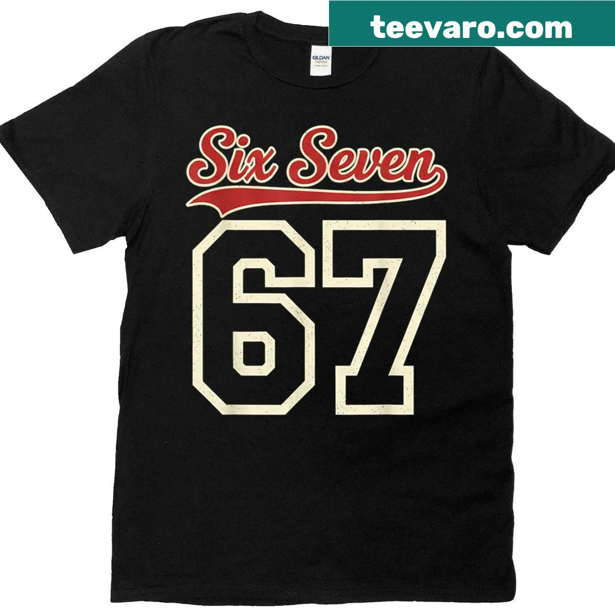 Vintage-style baseball jersey t-shirt with number 67 — on a men's t-shirt