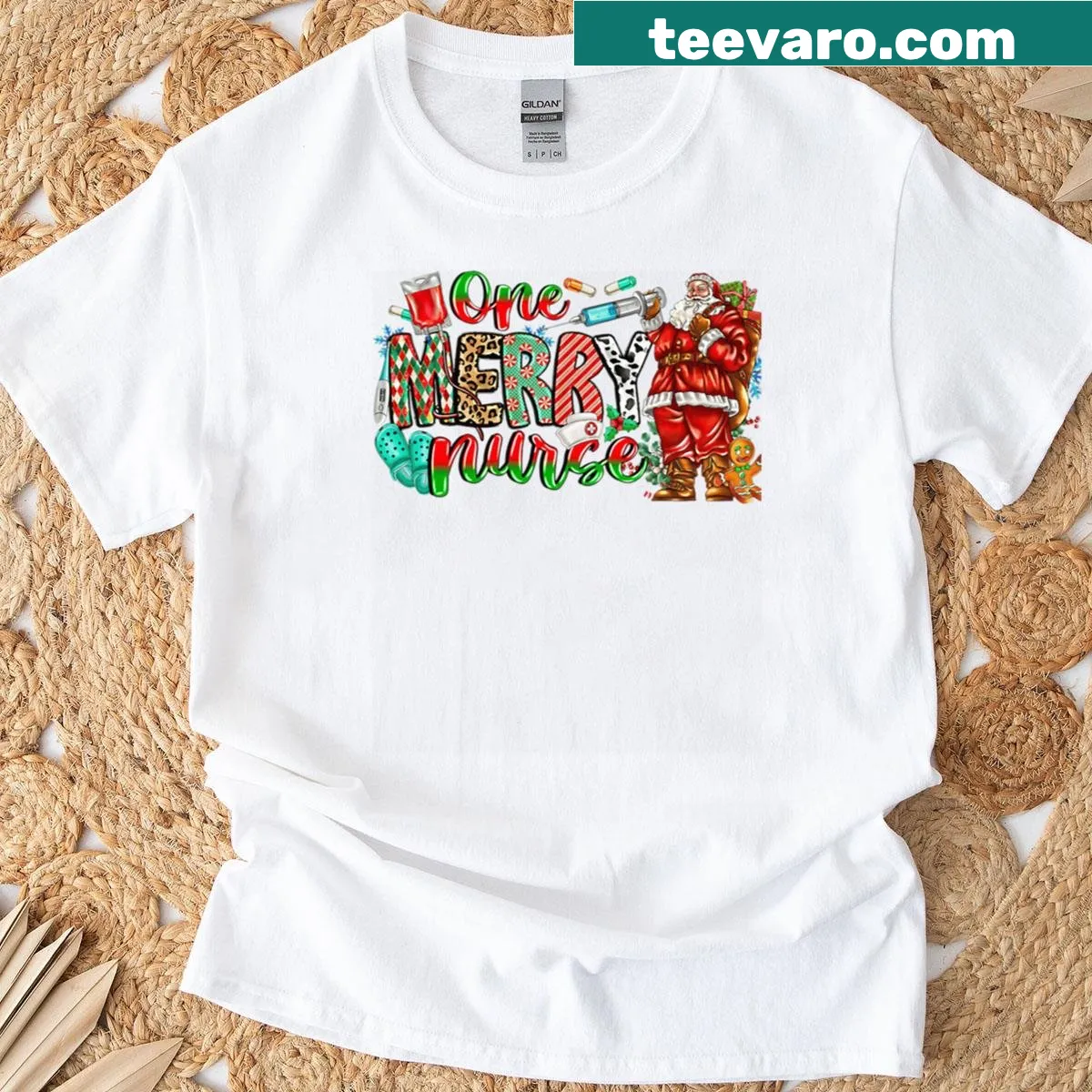 Christmas T-shirt featuring a cartoon Santa dressed as a nurse, in plaid style. — on a men's t-shirt