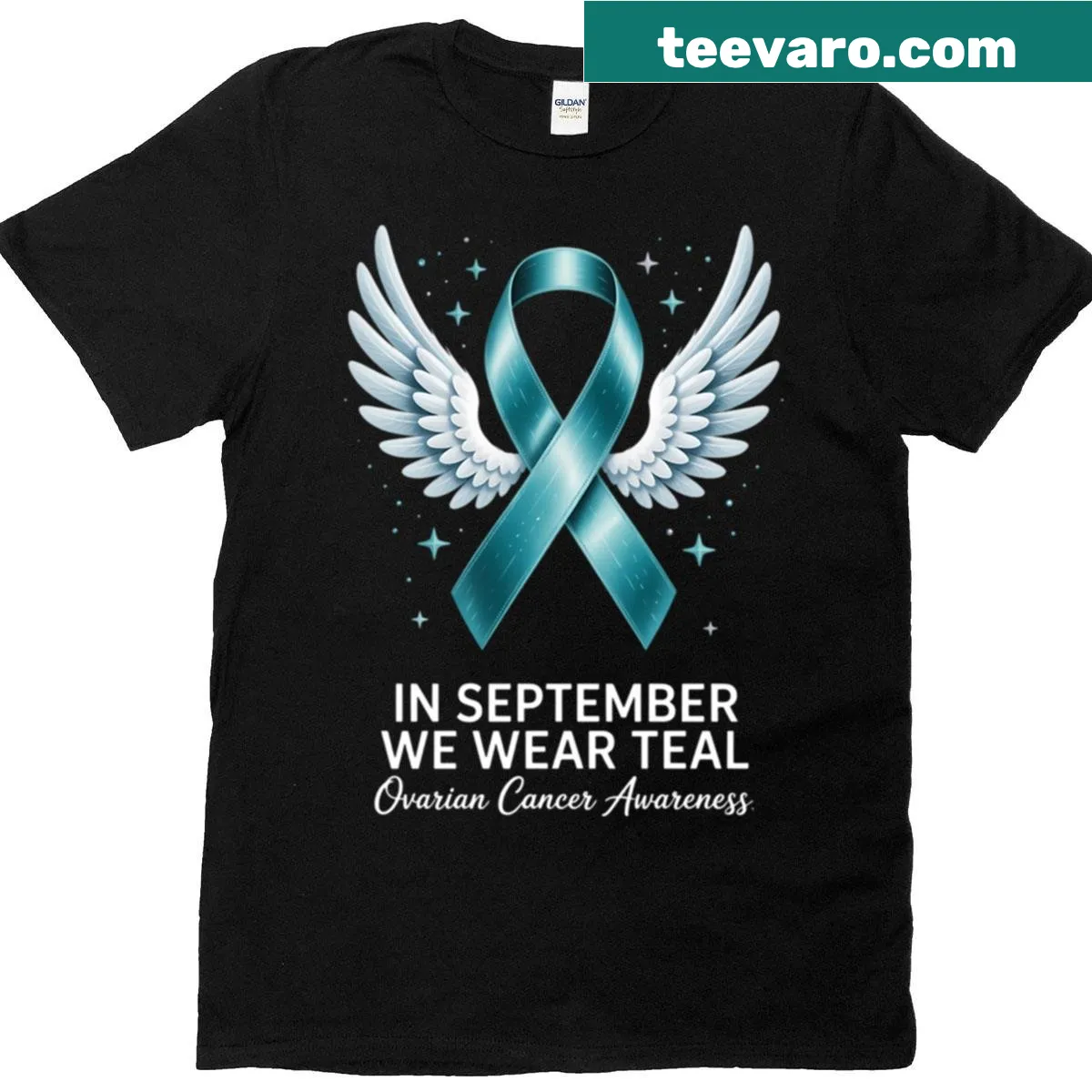 Cute Ovarian Cancer Awareness T-shirt with supportive graphic — on a men's t-shirt