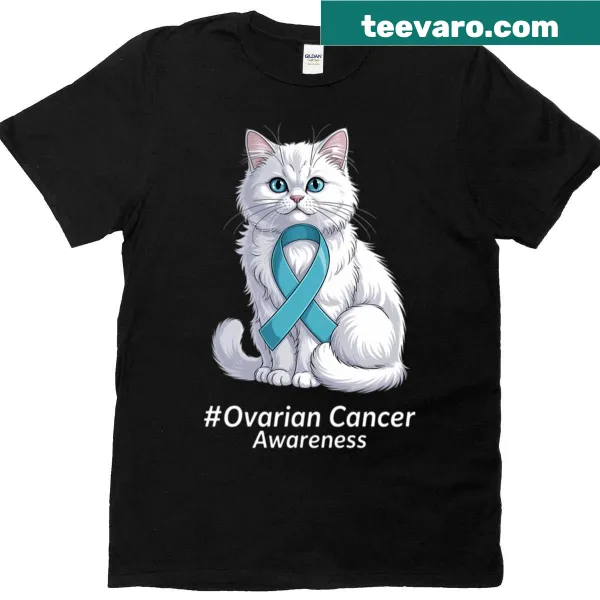 Cat lovers t-shirt featuring an ovarian cancer awareness ribbon
