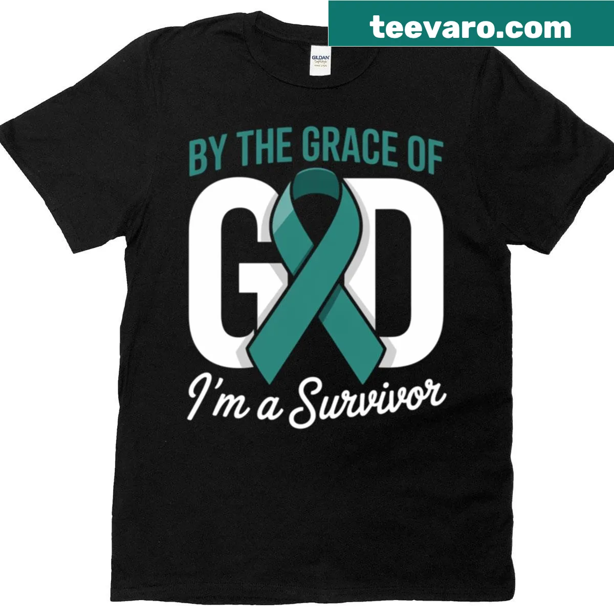 Badge emblem t-shirt celebrating ovarian cancer survivors — on a men's t-shirt