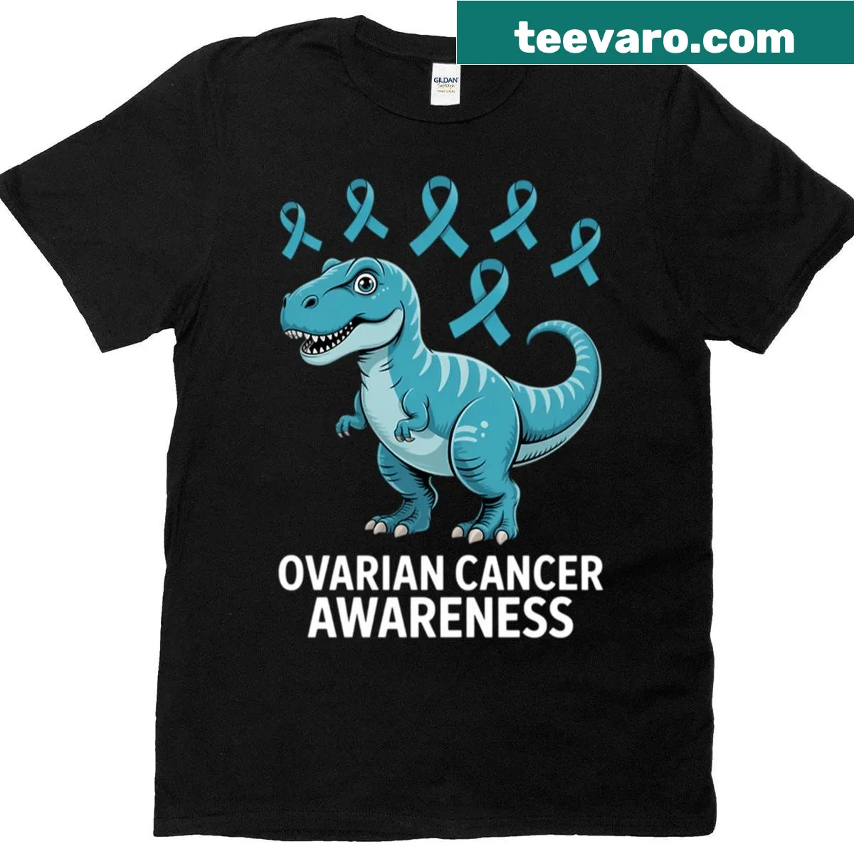 Cute dinosaur t-shirt with ovarian cancer awareness ribbon graphic — on a men's t-shirt