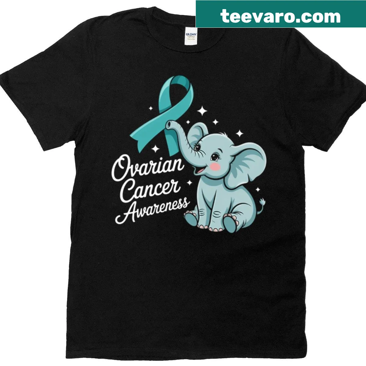 Support squad t-shirt with an ovarian cancer awareness ribbon — on a men's t-shirt