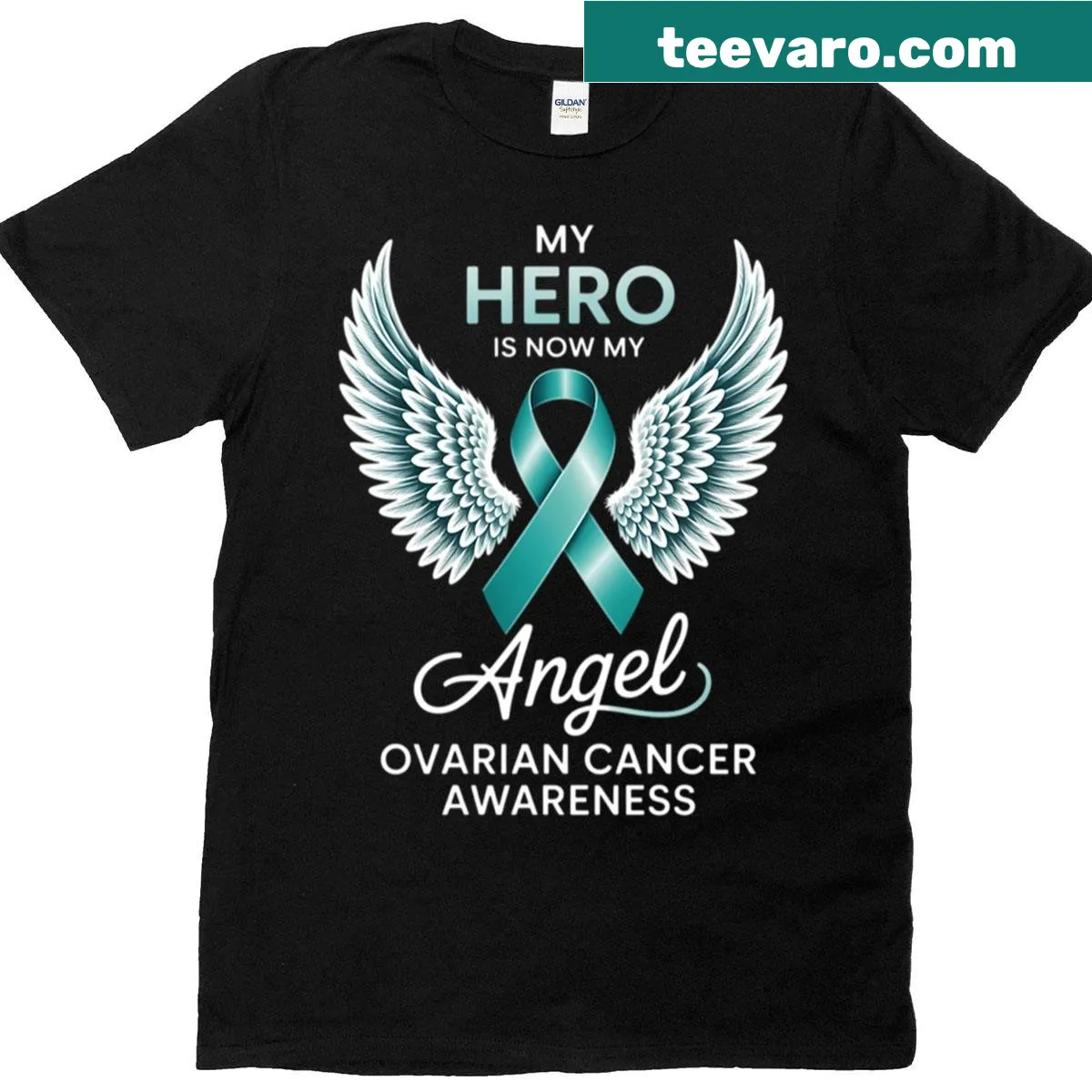 Illustrated ovarian cancer awareness ribbon on T-shirt — on a men's t-shirt