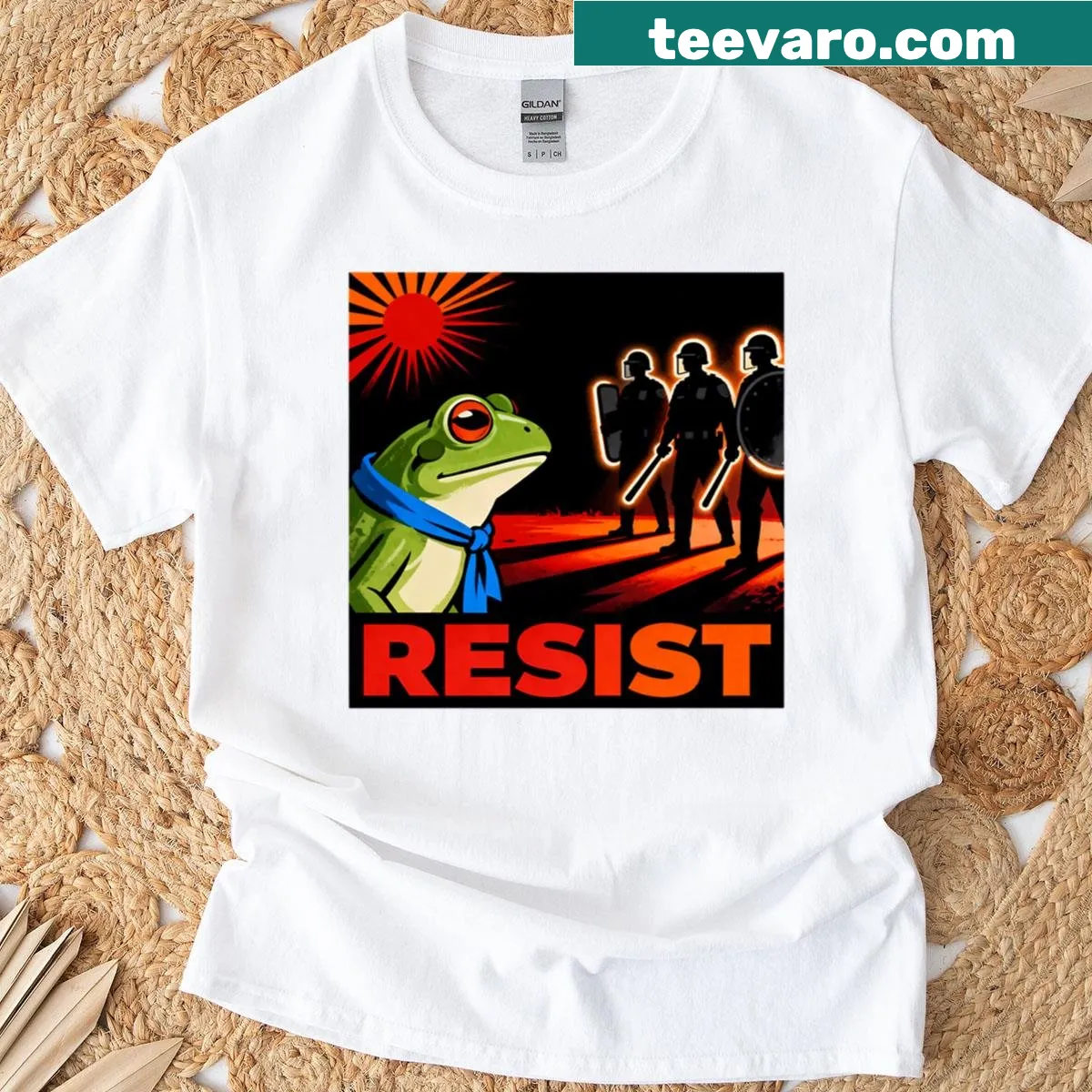 T-shirt with a frog design promoting peaceful protest. — on a men's t-shirt