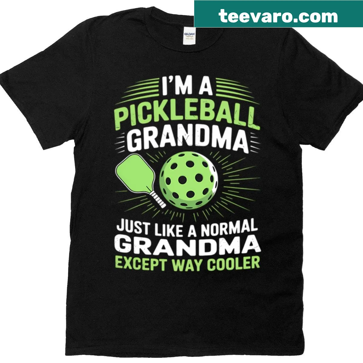 Playful pickleball graphic with paddle and ball for grandmas — on a men's t-shirt