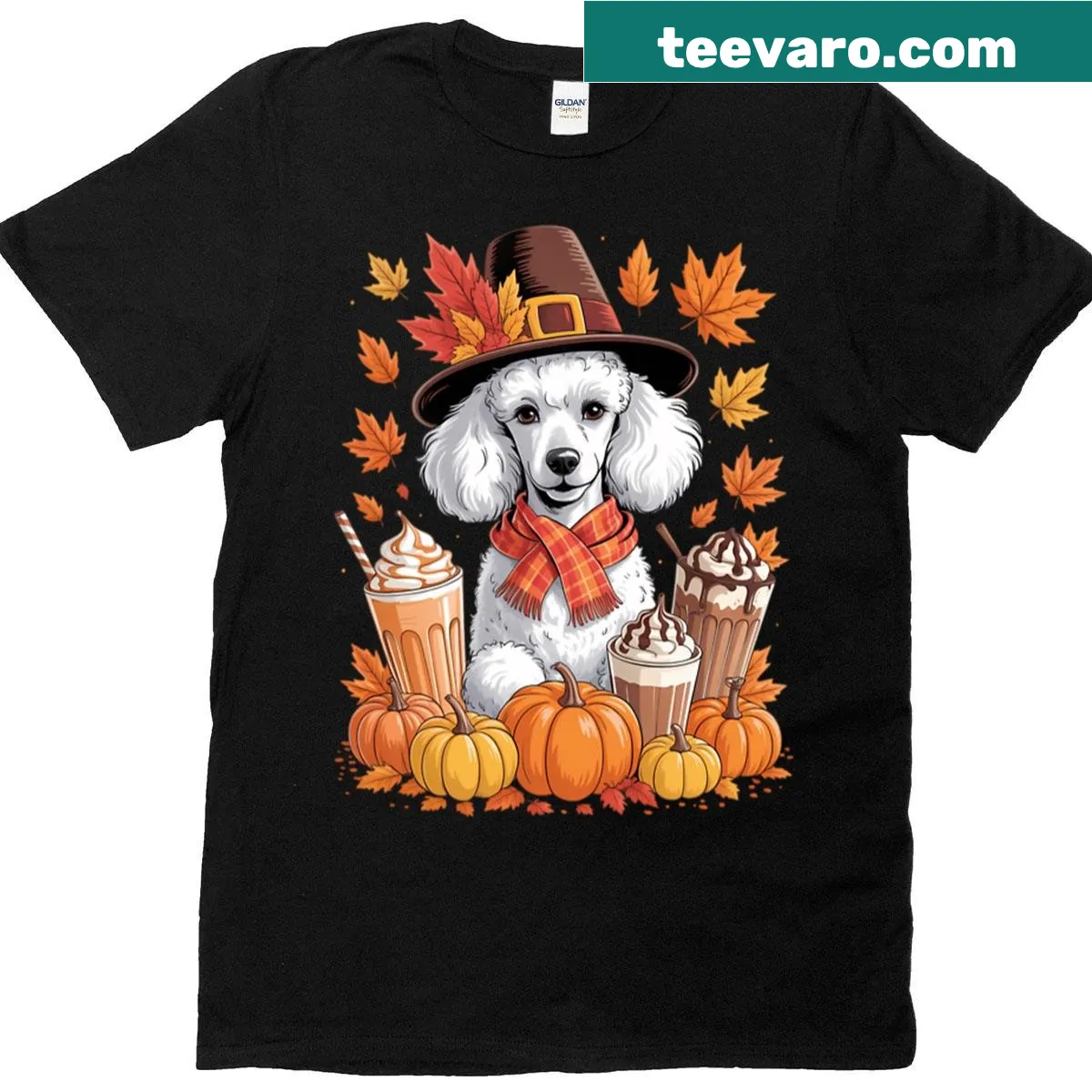 Thanksgiving t-shirt with poodle, pumpkins, and autumn leaves illustration — on a men's t-shirt