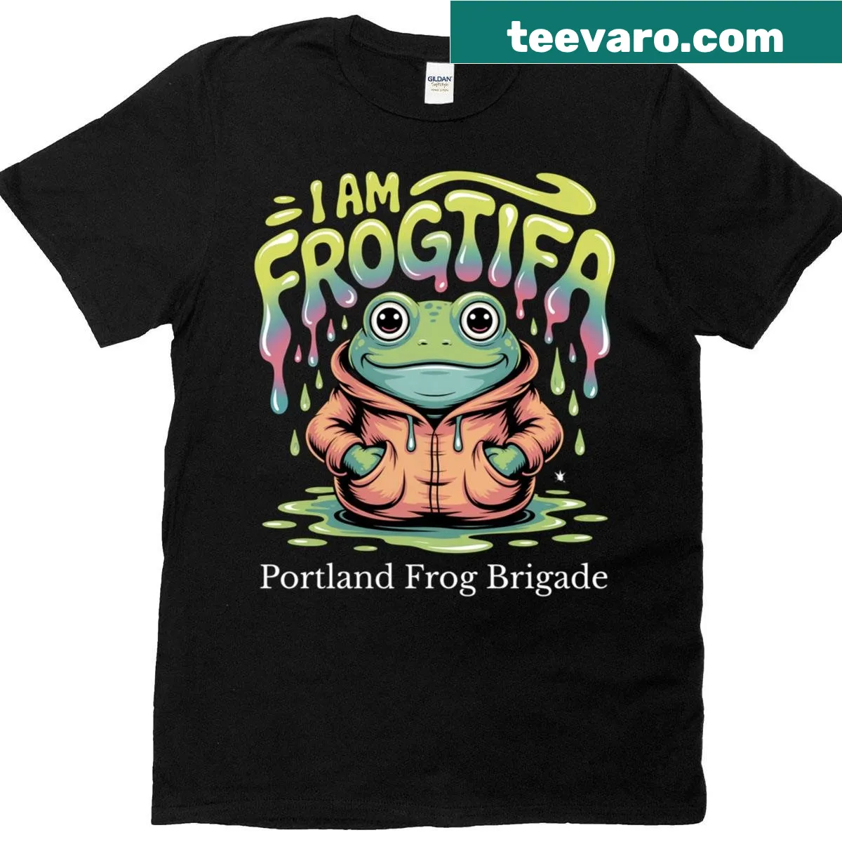 Playful frog illustration promoting unity and resistance on a t-shirt — on a men's t-shirt