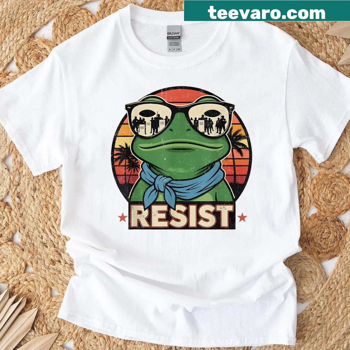 Whimsical frog design T-shirt promoting a protest in Portland 2025. — on a men's t-shirt