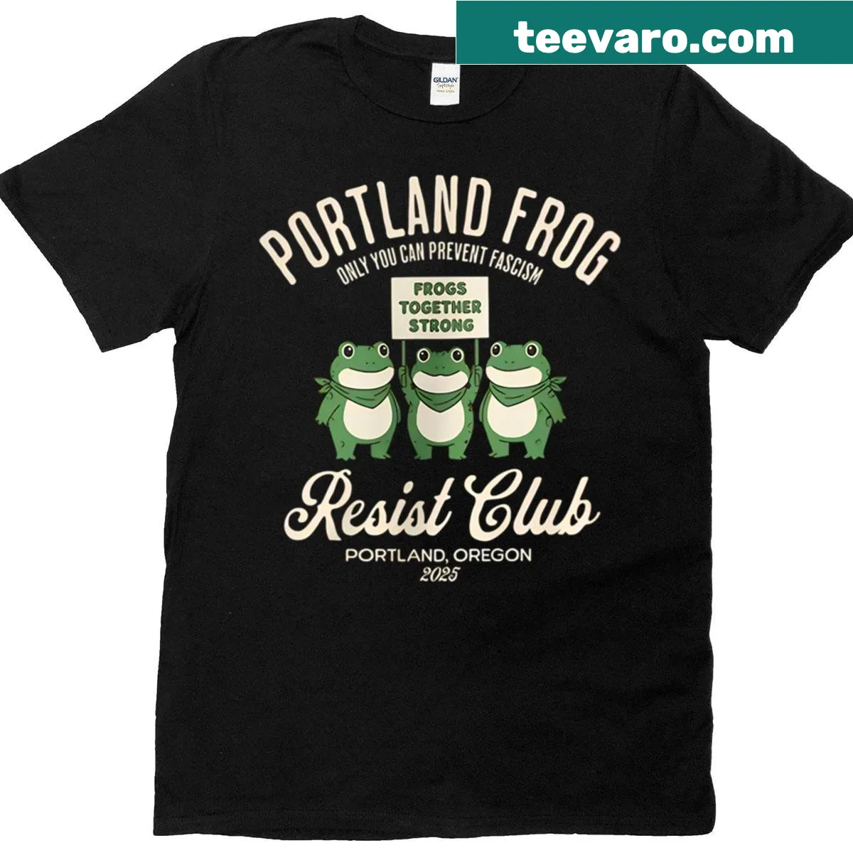 Protest-themed t-shirt featuring a frog and bold text — on a men's t-shirt