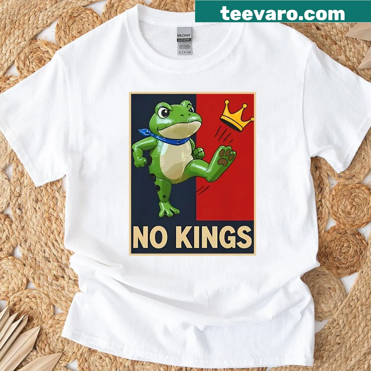 Activism-themed frog shirt with 'No Kings' slogan — on a men's t-shirt