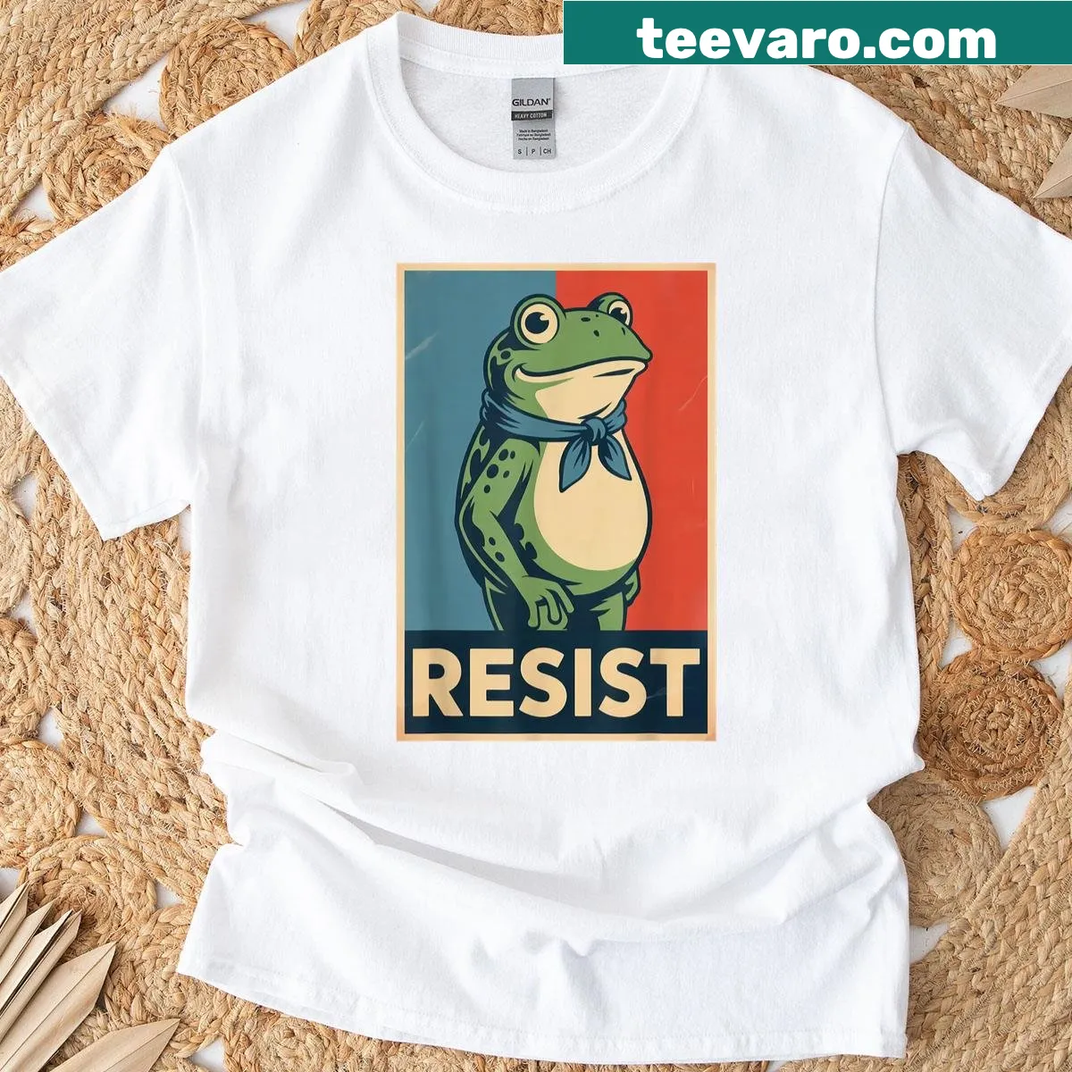 Vintage-style t-shirt with a frog protest graphic — on a men's t-shirt