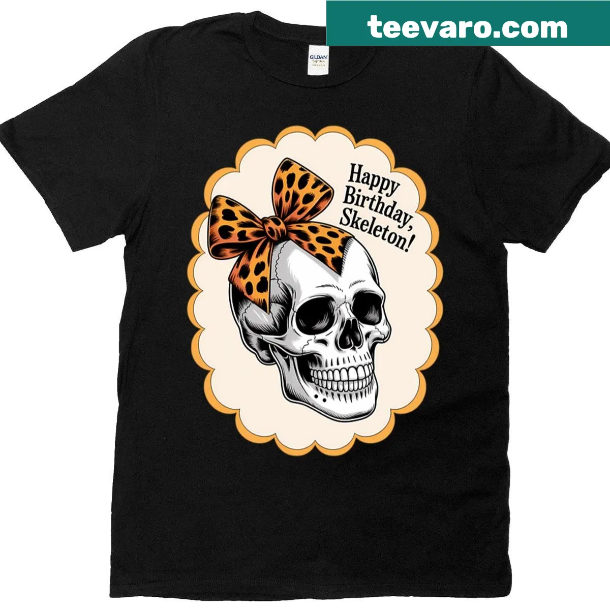 Halloween T-shirt featuring a whimsical bow skull illustration — on a men's t-shirt