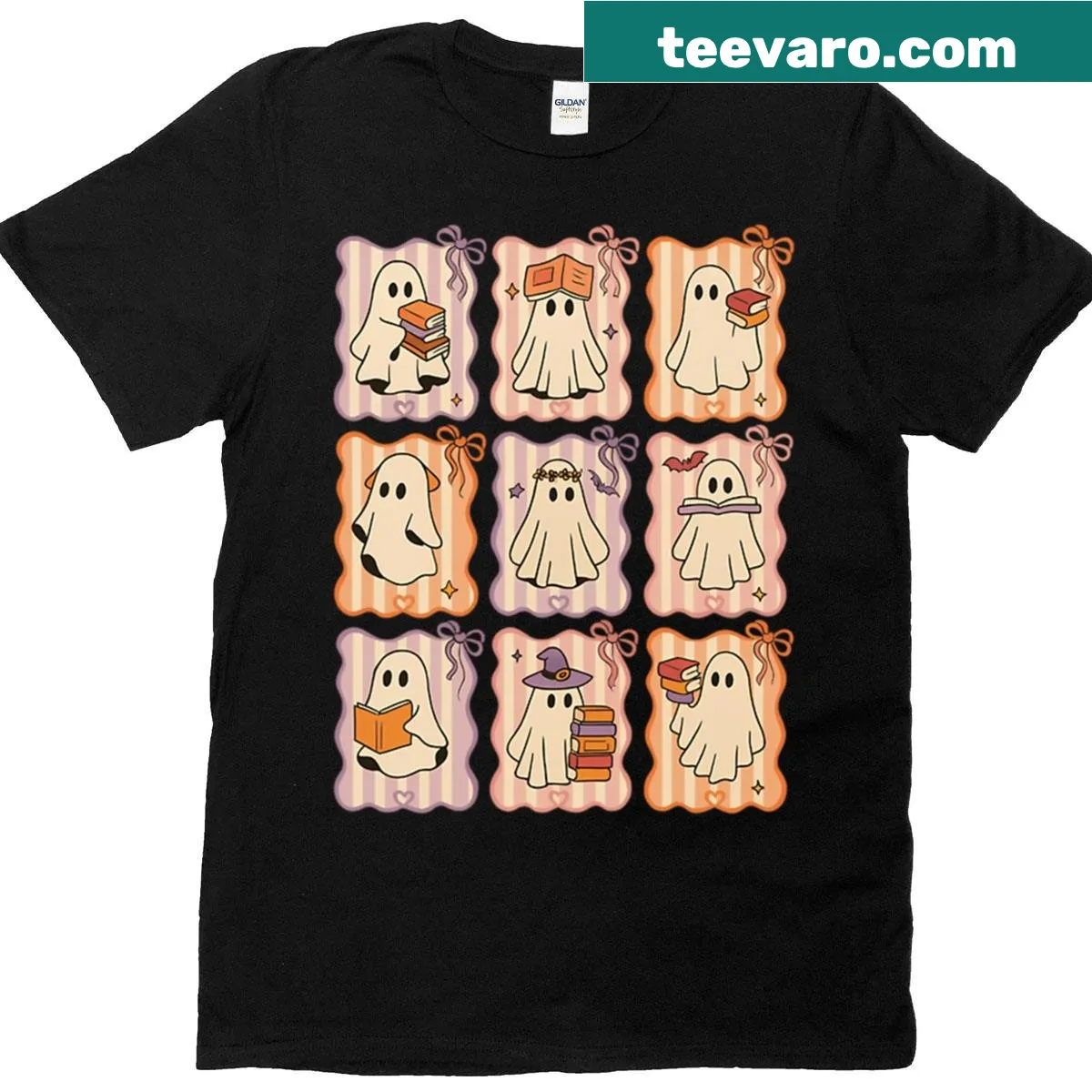 Whimsical ghost graphic reading books on a Halloween-themed t-shirt — on a men's t-shirt