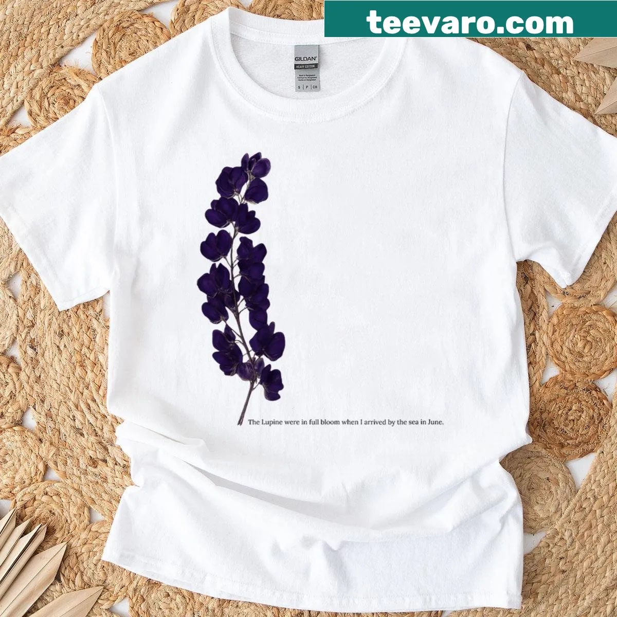 Floral illustration of pressed lupine flowers on a t-shirt — on a men's t-shirt