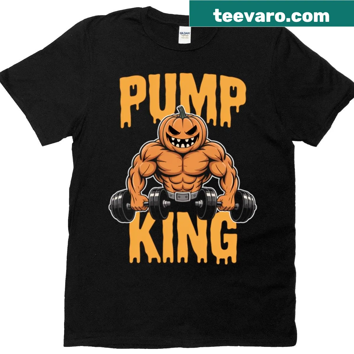 Pumpkin lifting weights design with the phrase 'Pump King' for Halloween — on a men's t-shirt