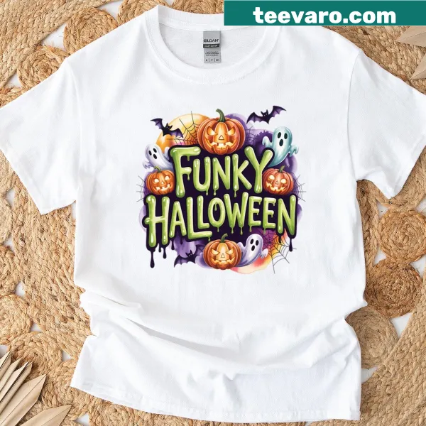Funky pumpkin cartoon graphic on T-shirt