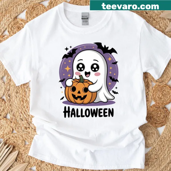 Halloween-themed t-shirt featuring a playful pumpkin ghost illustration