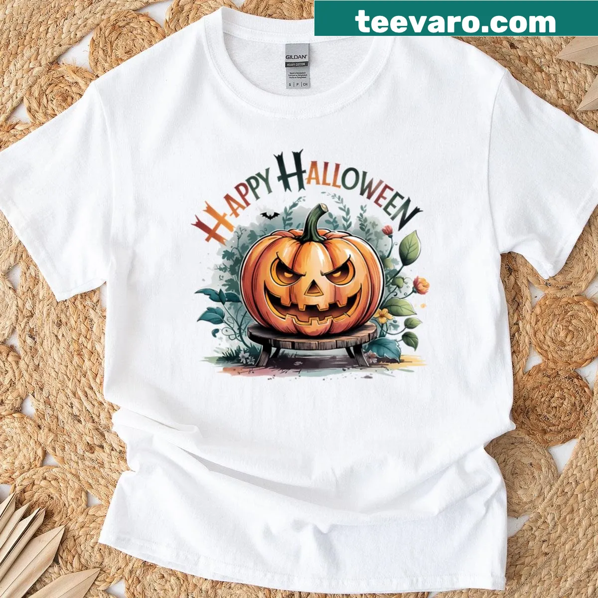 Whimsical pumpkin graphic on a Happy Halloween T-shirt — on a men's t-shirt