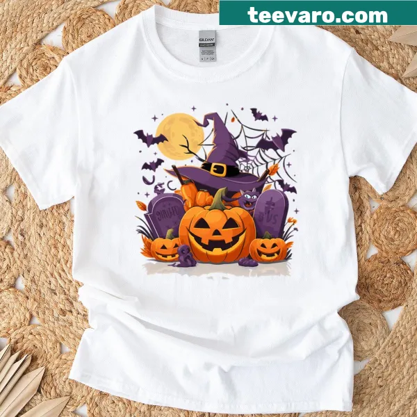 Vintage-style Halloween T-shirt with whimsical pumpkin graphic