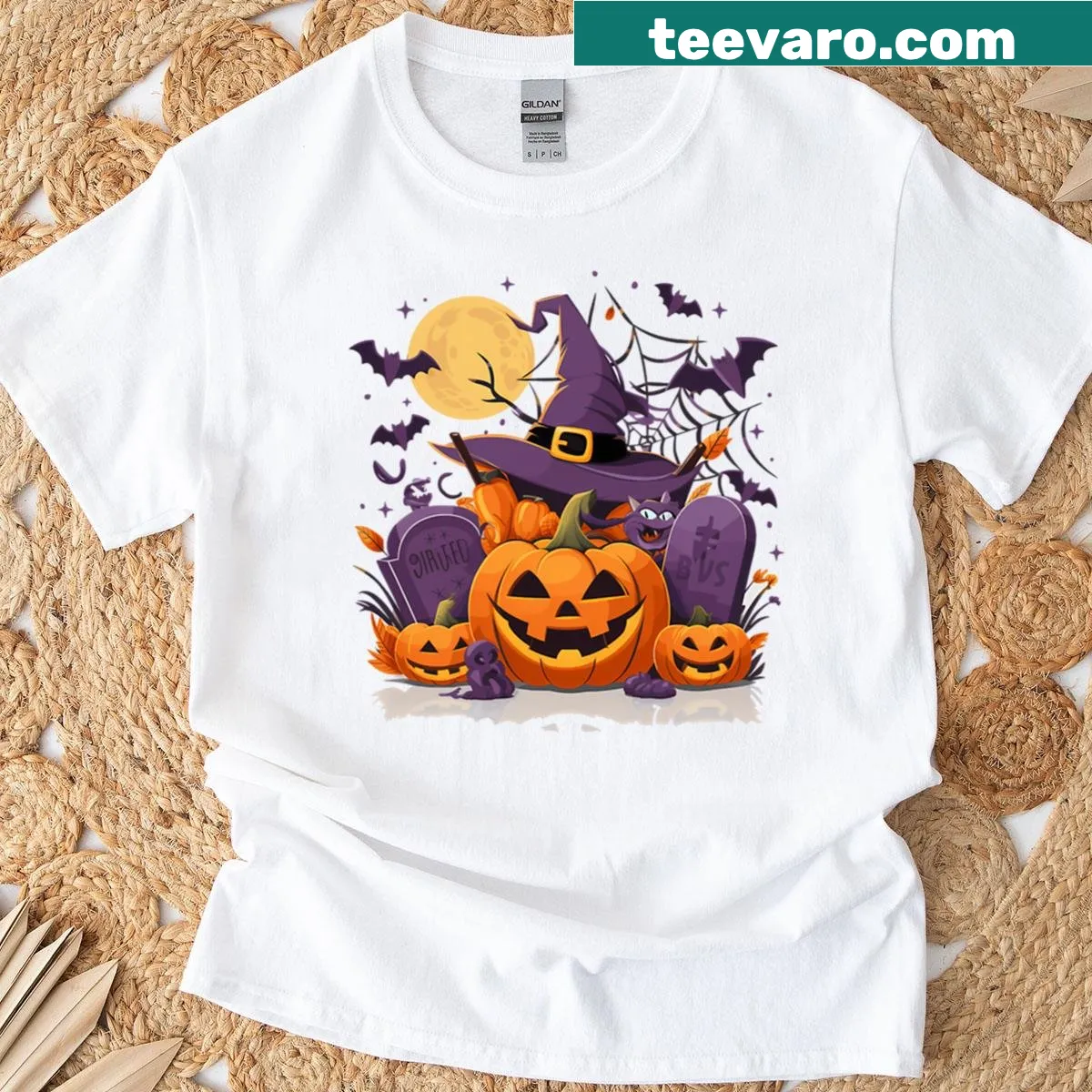 Vintage-style Halloween T-shirt with whimsical pumpkin graphic — on a men's t-shirt