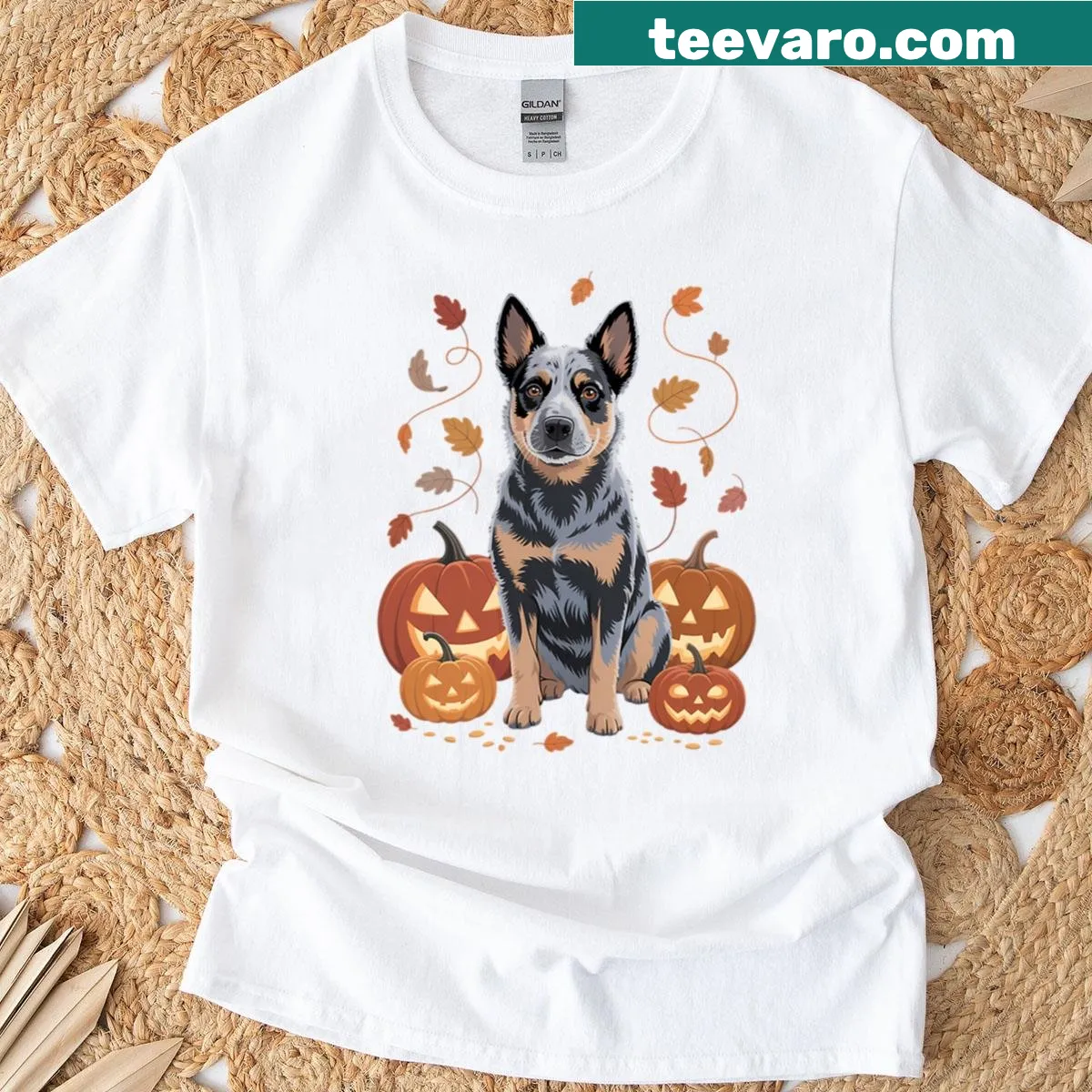 Halloween-themed Blue Heeler dog graphic on T-shirt — on a men's t-shirt