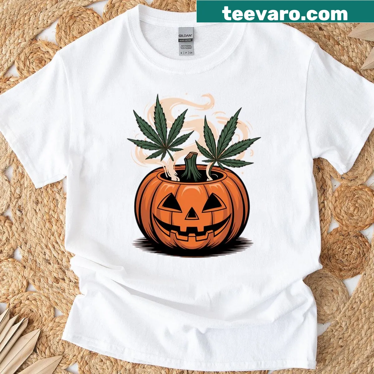 Funny Halloween t-shirt with a smoking pumpkin graphic — on a men's t-shirt