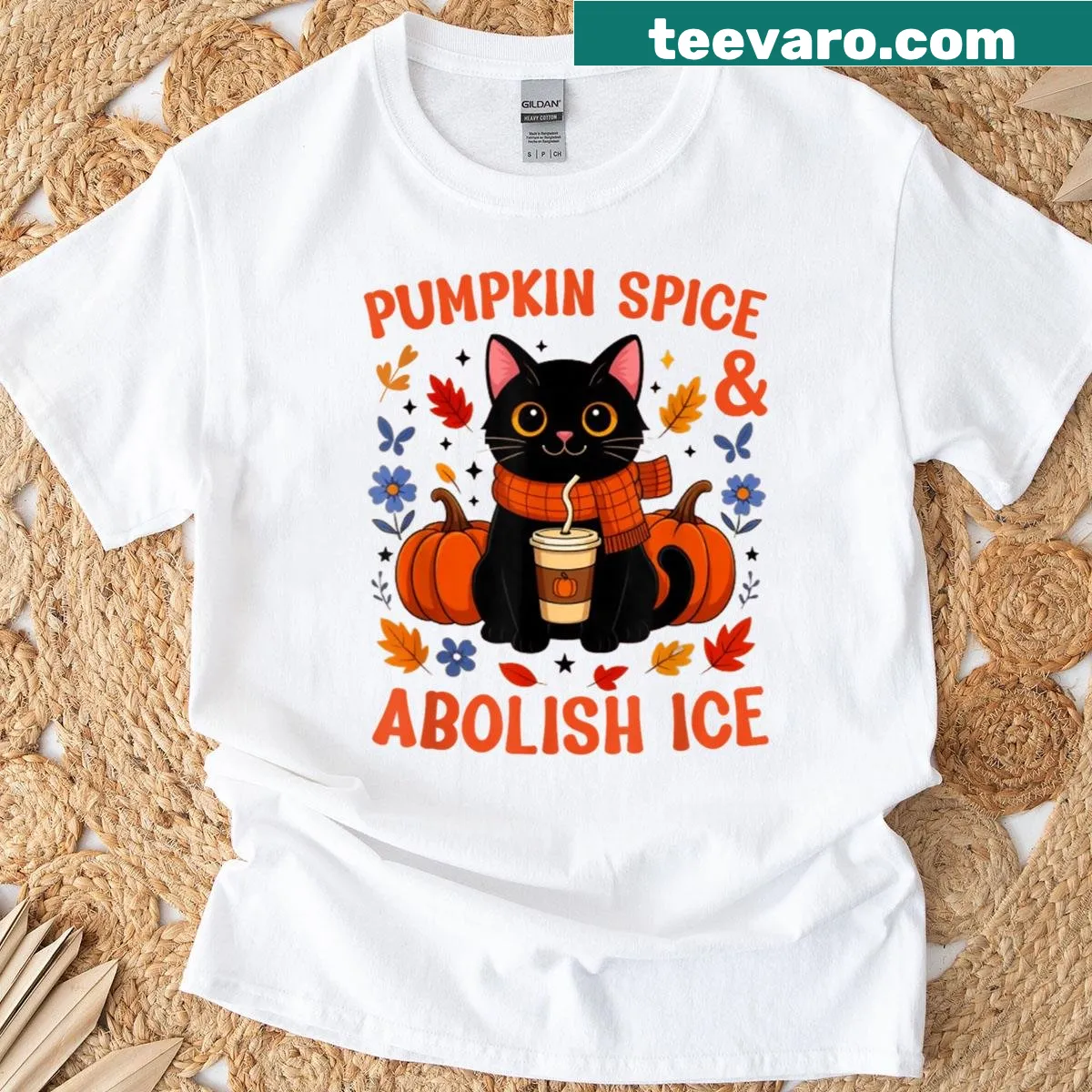 Funny black cat t-shirt with pumpkin spice and social message — on a men's t-shirt