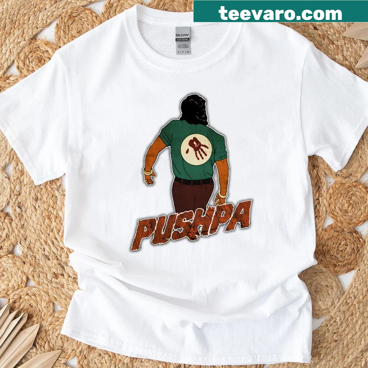 Illustration of Allu Arjun from Pushpa 2 on a bold t-shirt — on a men's t-shirt