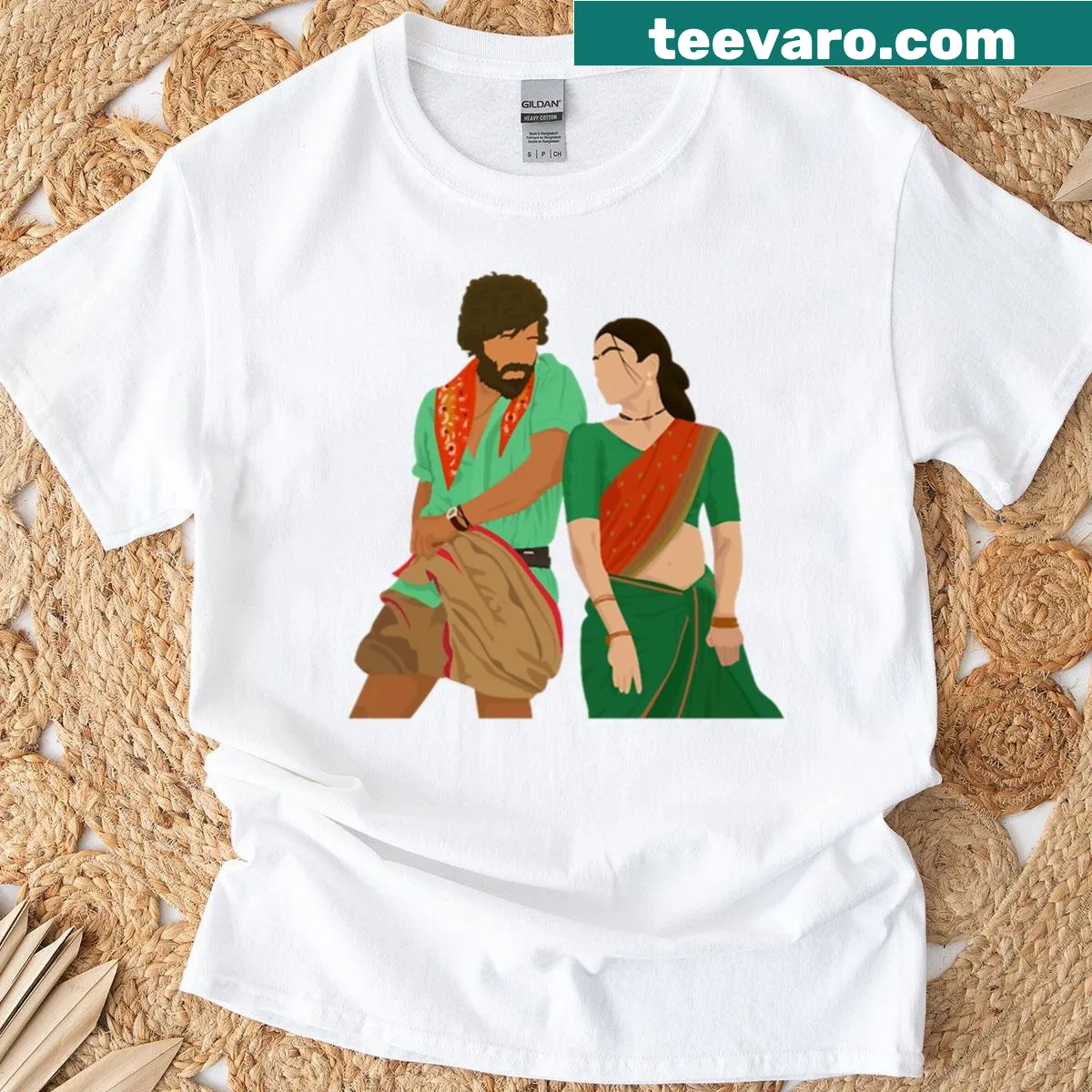 Artwork celebrating characters from 'Pushpa' on a T-shirt. — on a men's t-shirt