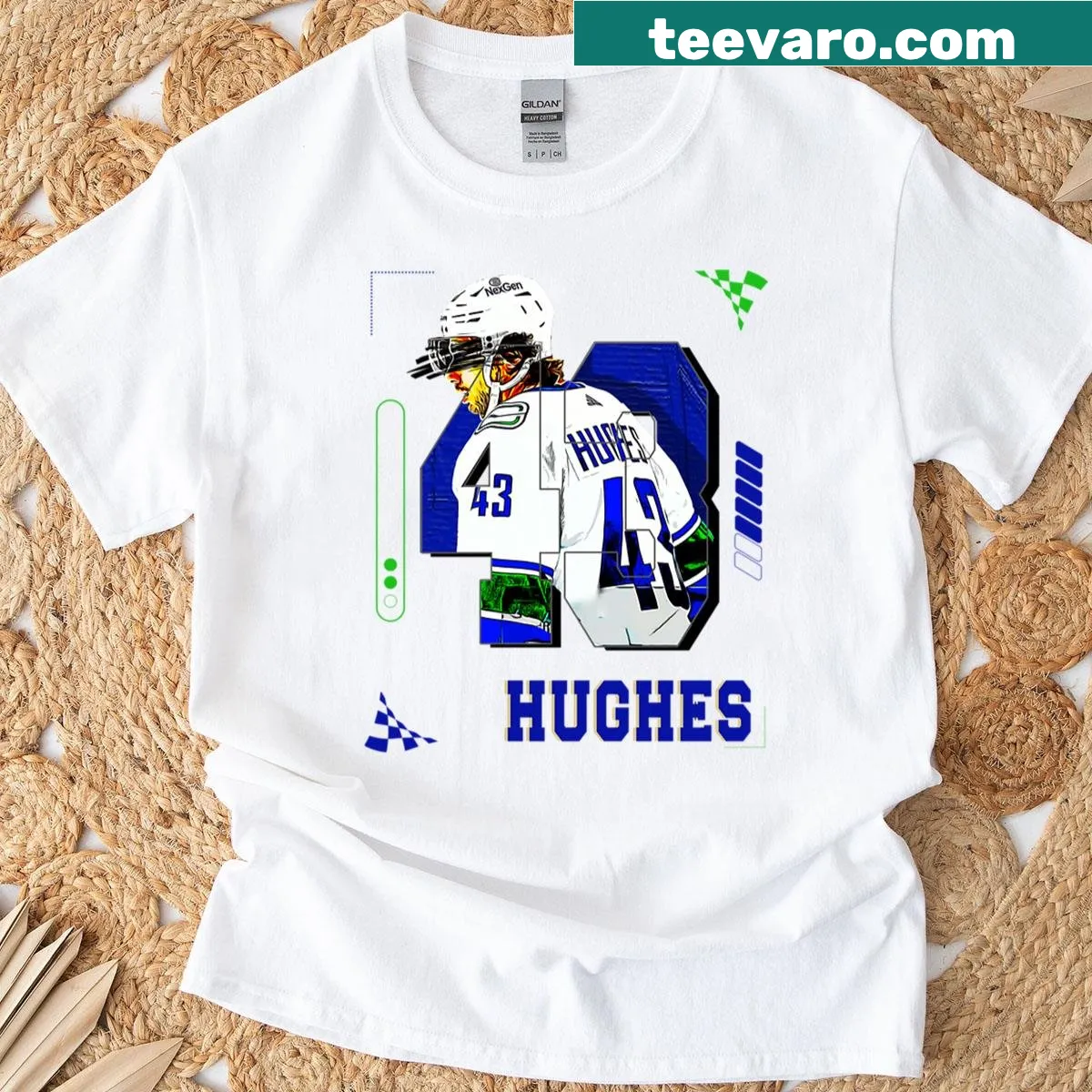 Illustration of hockey player Quinn Hughes on a t-shirt — on a men's t-shirt