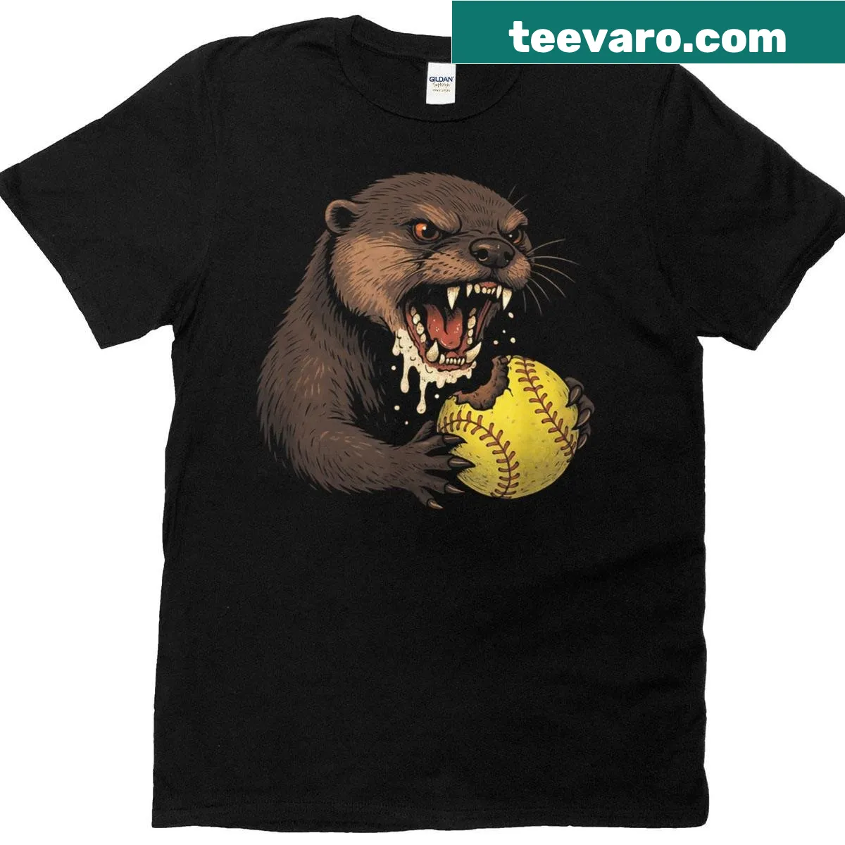 T-shirt featuring a playful illustration of a rabid otter with a softball — on a men's t-shirt