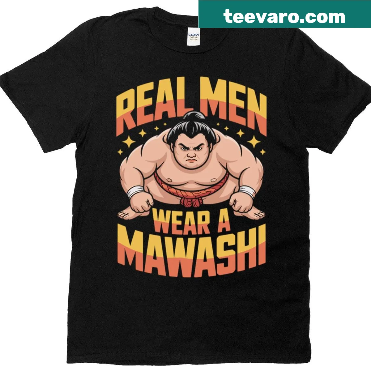 T-shirt with 'Real Men Wear A Mawashi' sumo graphic — on a men's t-shirt