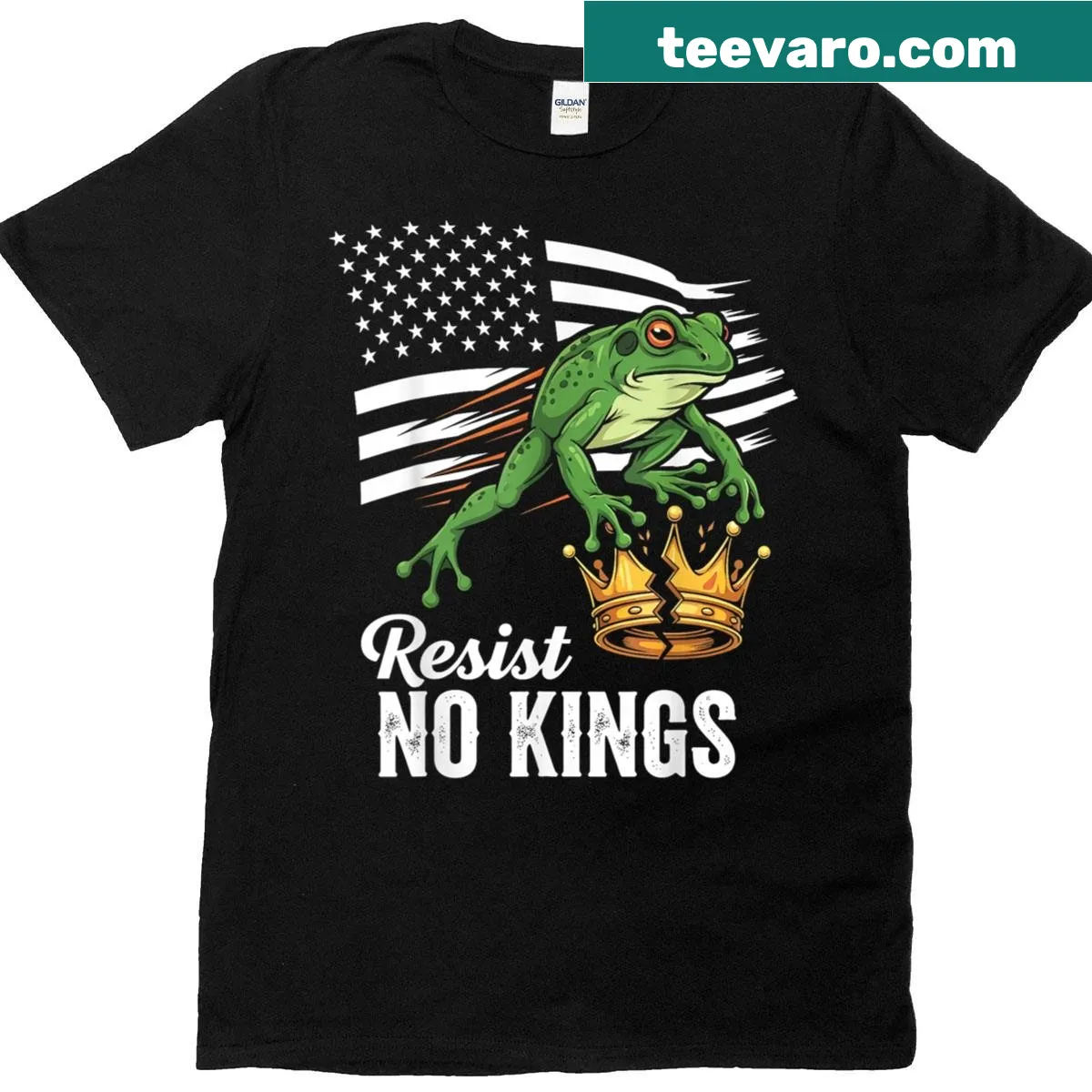T-shirt with USA flag frog graphic and resist slogan — on a men's t-shirt